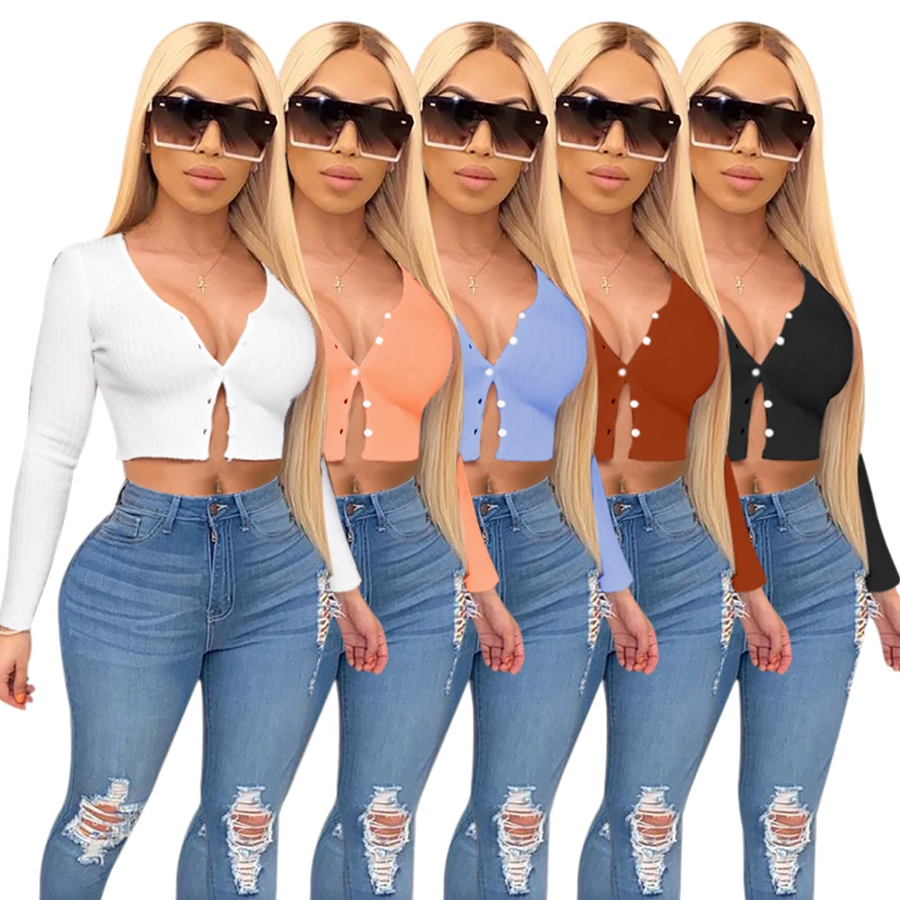 New Style V-neck Buttons Loose Casual Crop Top Coat Cardigan Sweater Short Fitness Knit Sweater Autumn Fall Cardigan for Women