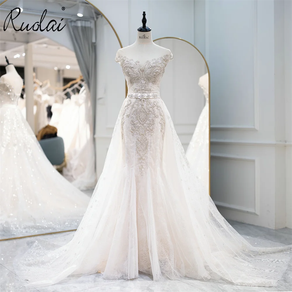 Ruolai QW01931 Removable Over Skirt Bridal Wedding Dress Beaded Stones V Neck Lace 2 in 1 Mermaid Wedding Dresses for Brides