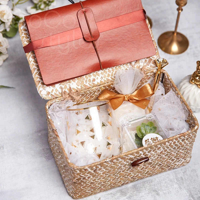 Cocostyles personalized handmade rustic antique seagrass woven basket gift set with ribbon for forest wedding guest gifts