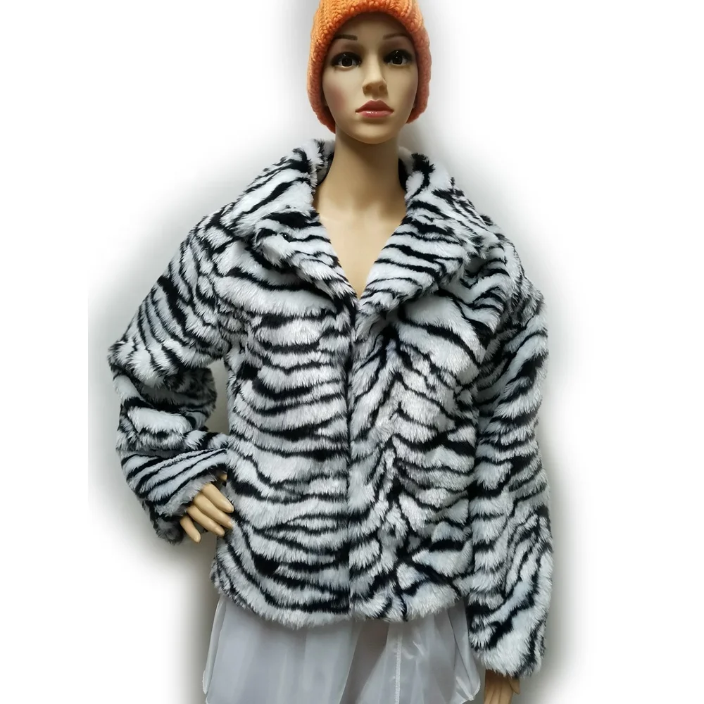 Zebra pattern faux fur coat, black white stripes soft plush imitation fur jacket carnival party polyester overcoat