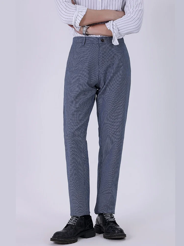 Мужские деловые повседневные брюки высокого класса 2024 весна Новое поступление свободные прямые синие в горошек завязка на талии кросс-бордюр