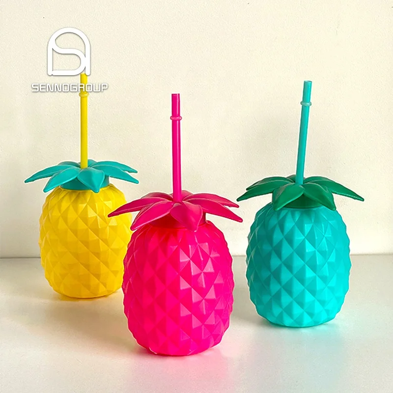Colored Plastic Hawaii Tiki Pineapple Mug Portable Water Bottle Polycarbonate Cold Drink Cocktail Glass With Straw Lid