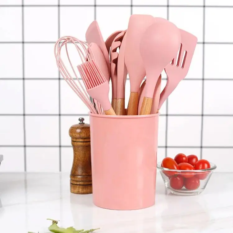 Eco-Friendly 12 Pieces In 1 Set Silicone Kitchenware Set Wooden Handle Kitchen Utensil Set