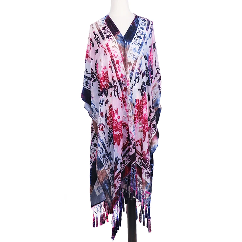 Tie dye burnout velvet kimono multi color ladies blouse ruana with crochet fringes women autumn viscose kimono