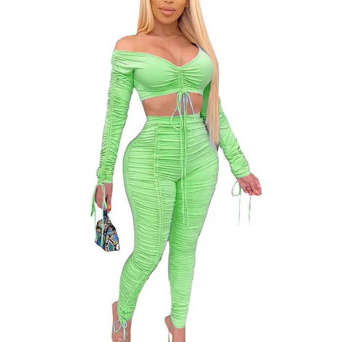 Fashion long sleeve crop top and leggings pants streetwear 2 piece set women