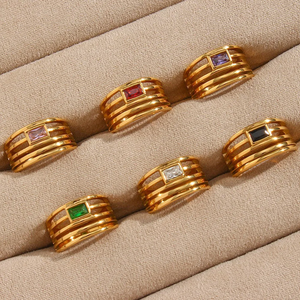 Retro style zirconium ring jewelry stainless steel plated 18-karat gold hollowed multi-layer zircon ring