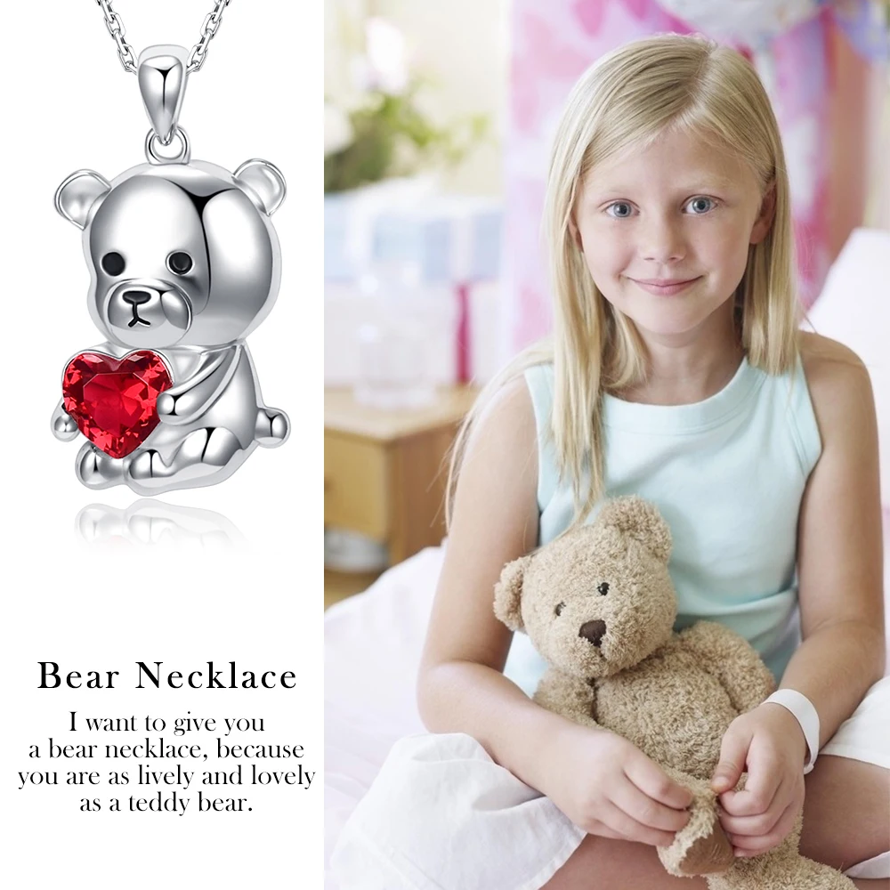 
New Fine Jewelry Zircon Red Love Heart Diamond 925 Sterling Silver Teddy Bear Pendant Necklace 