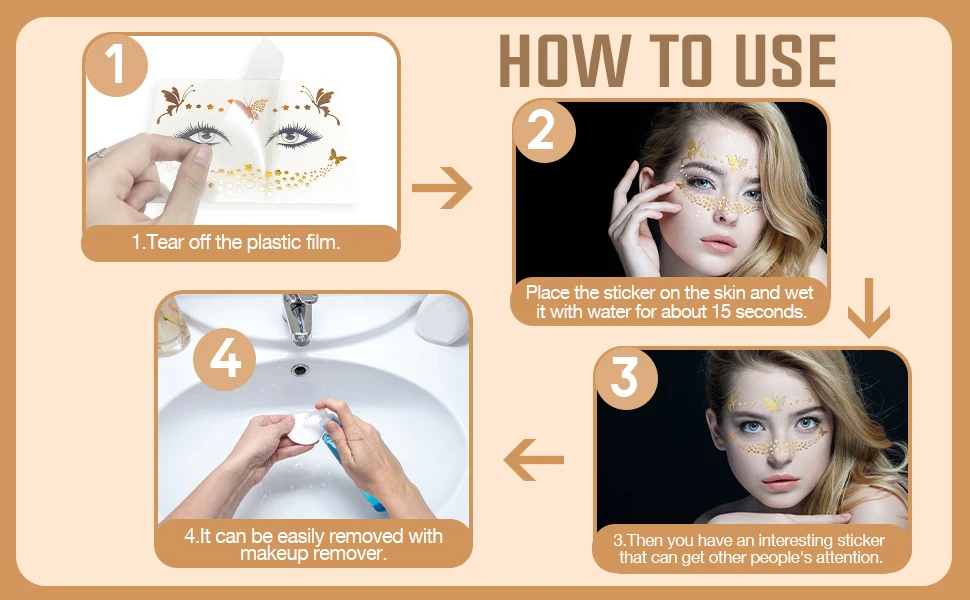 Face Tattoo Sticker Metallic Temporary Gold Halloween Makeup Dancer Costume Parties Waterproof Face Metallic Tattoo Sticker