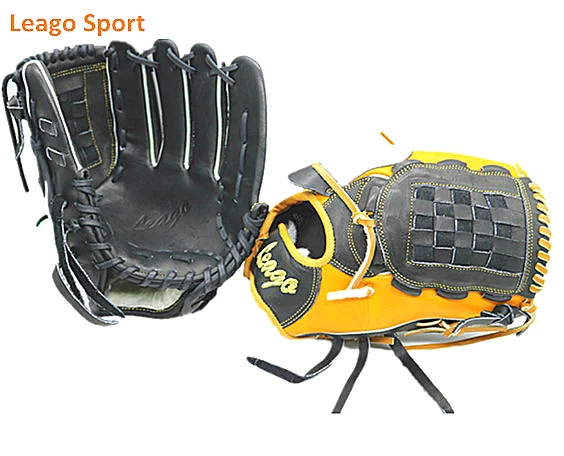 2020 made-in-china black and yellow steerhide leather infield baseball softball gloves  with tanner color cowhide leather laces