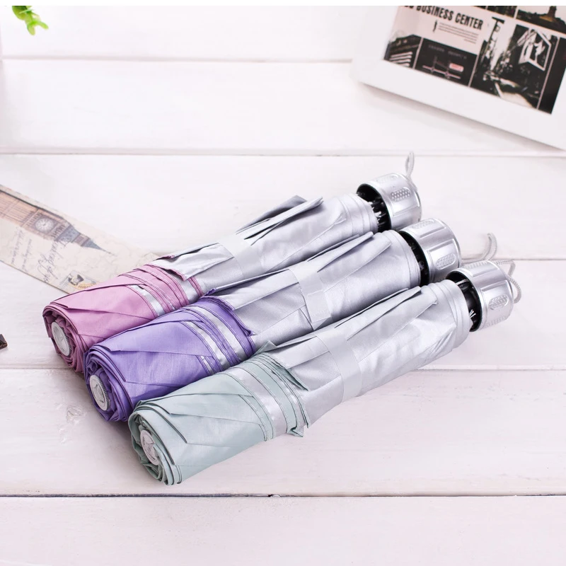 Folding sun and rain dual purpose sun umbrella printing logo creative three fold inverted pole silver rubber umbrella