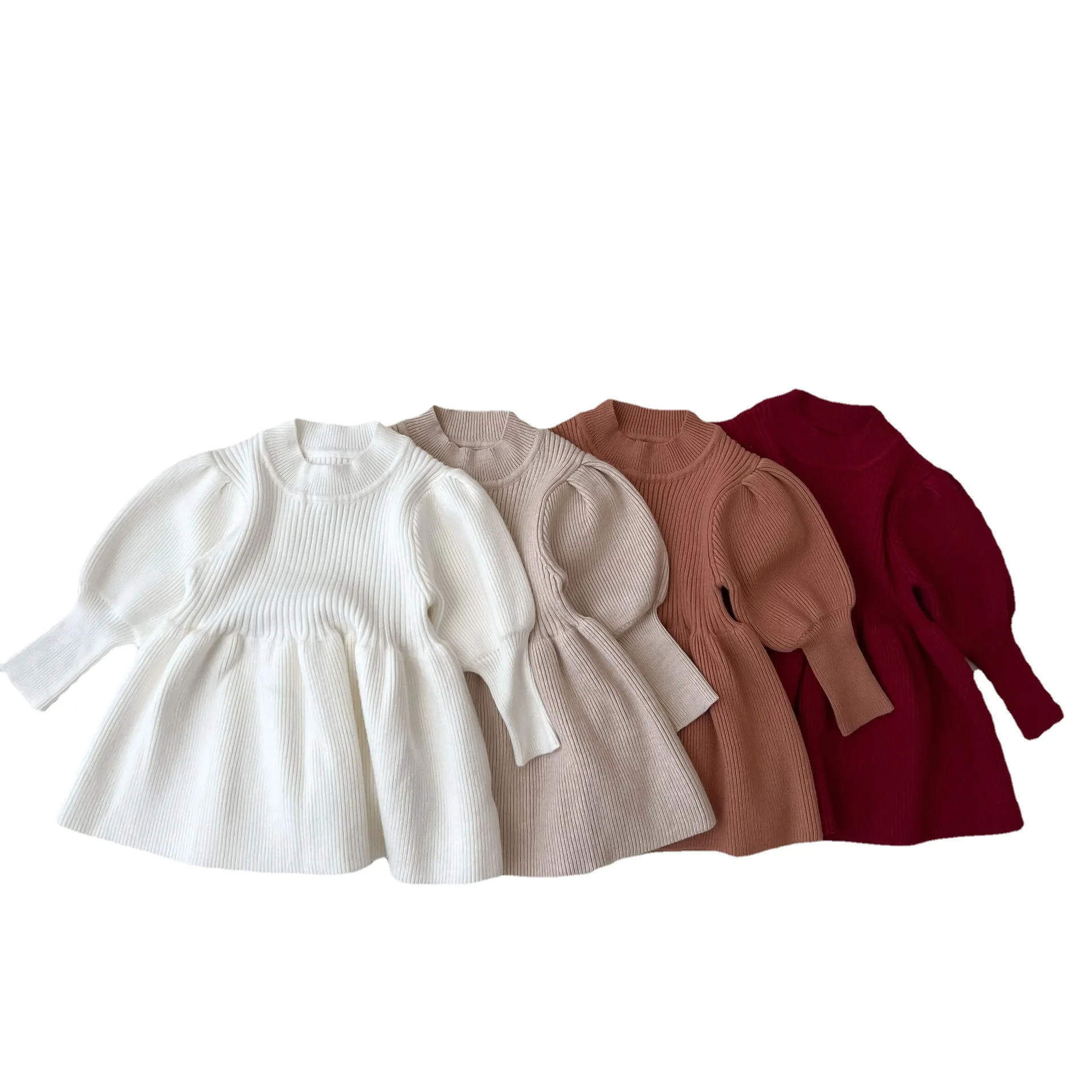 Boutique Plain Long Sleeved Baby Girls Sweater Dress kid Clothes Girl Solid Color Long Sleeve Round Neck Knitted Sweater Dress