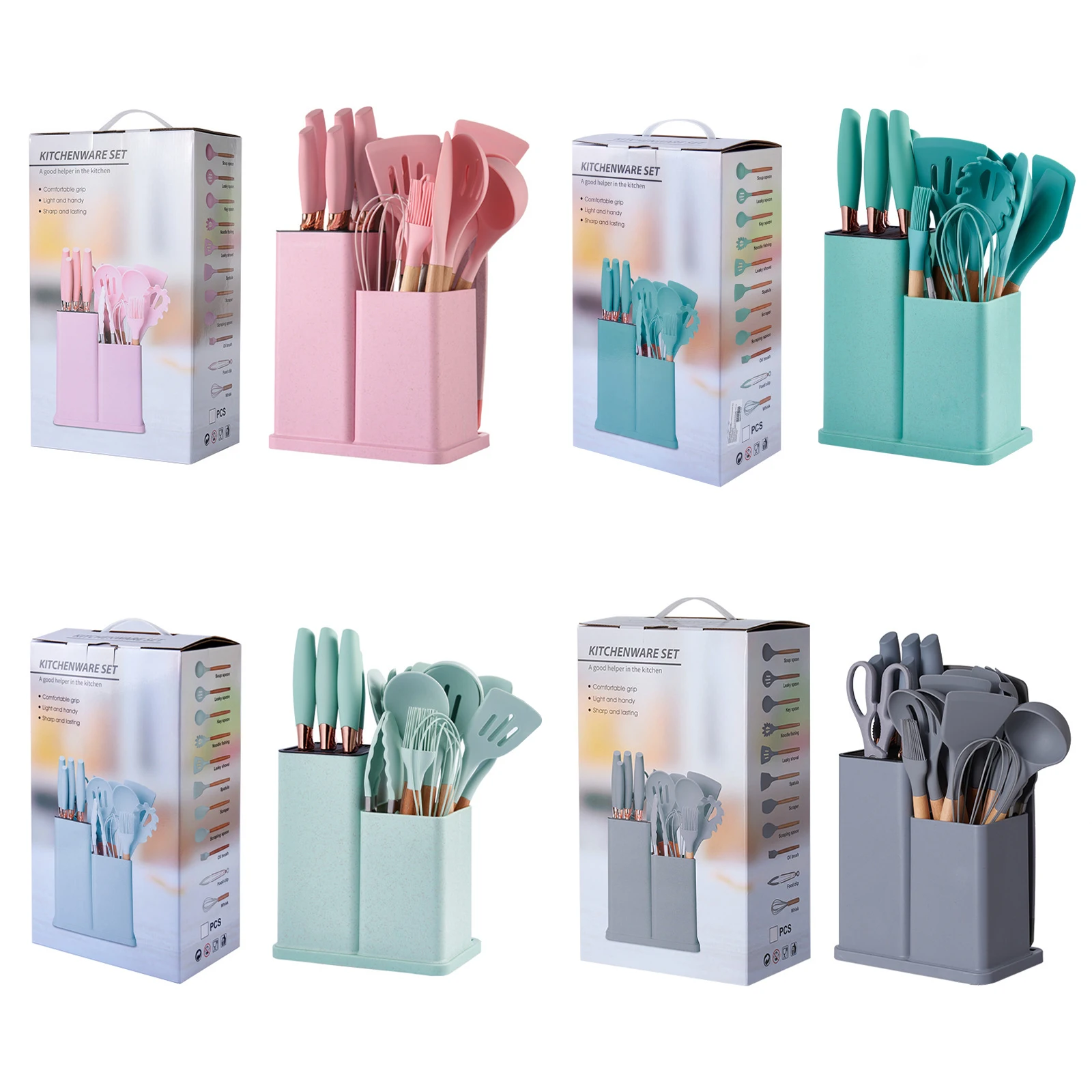 Newest 19-piece set of Silicone Kitchen Utensil Set with wooden handle and cutting board storage bucket kitchen gadget set