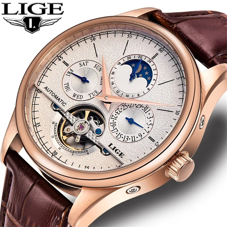 LIGE Men Watch Top Brand Mens Mechanical Watches Automatic Tourbillon Skeleton Watch Men Calendar Relogio Masculino dropship+Box