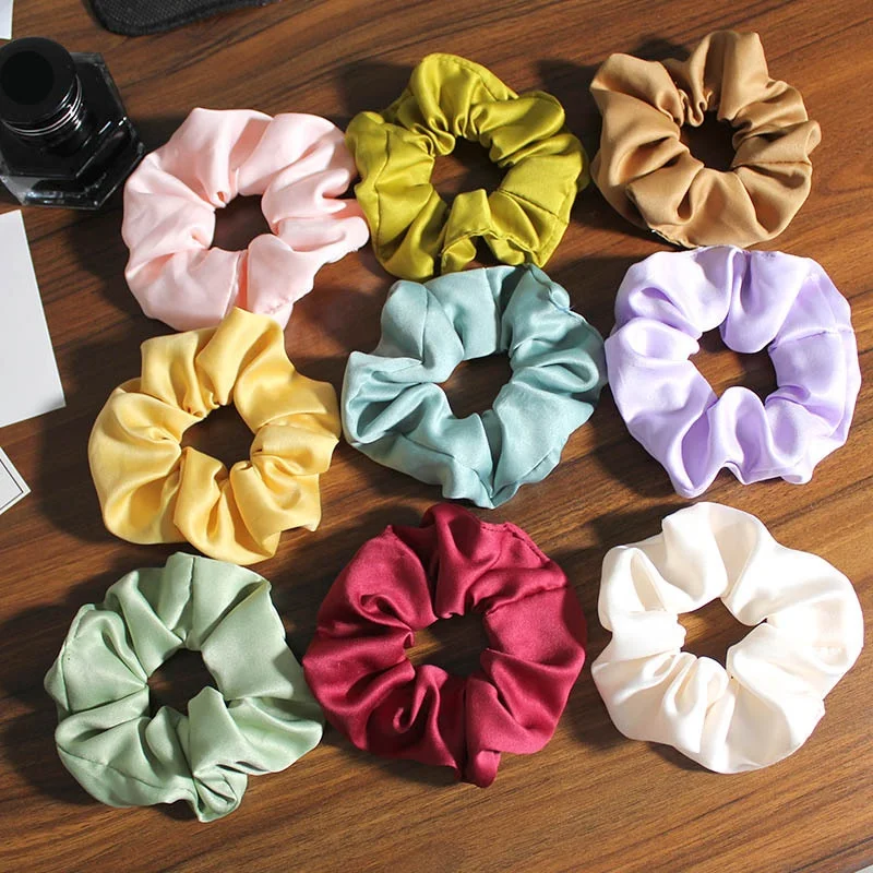 Wholesale labels matt color elastic ponytail holder crunchies hair ties silk hair band fabric matte pastel satin scrunchies