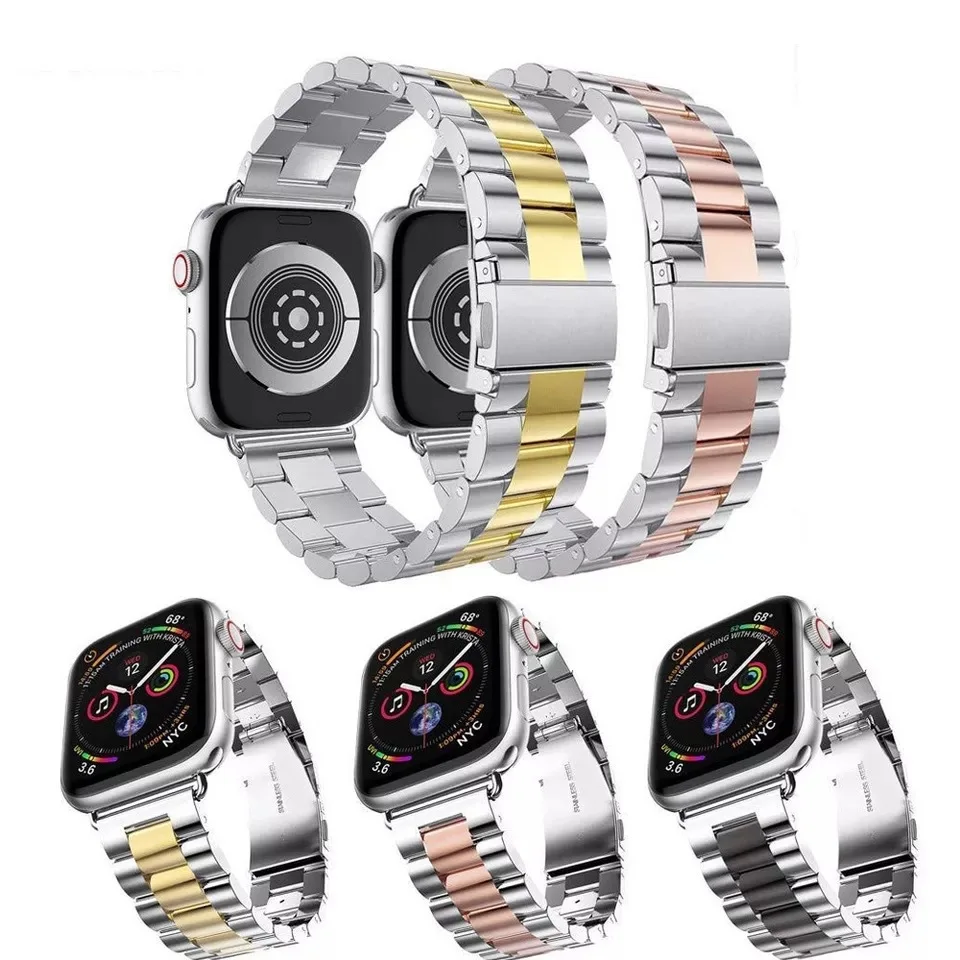 3 Beed Wristband Stainless Steel Watch Band Strap For Apple Watch, For Apple Watch 6 44mm Band