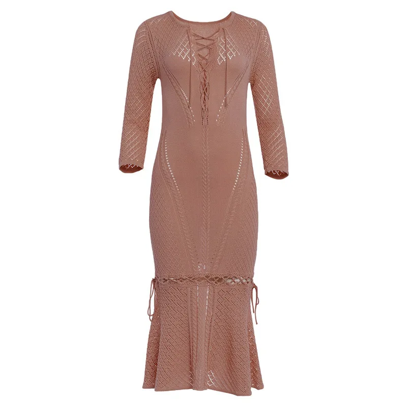 Elegant Long Sleeve Crochet Maxi Dress Figure Hugging Knitting Dress Beach Cover Up