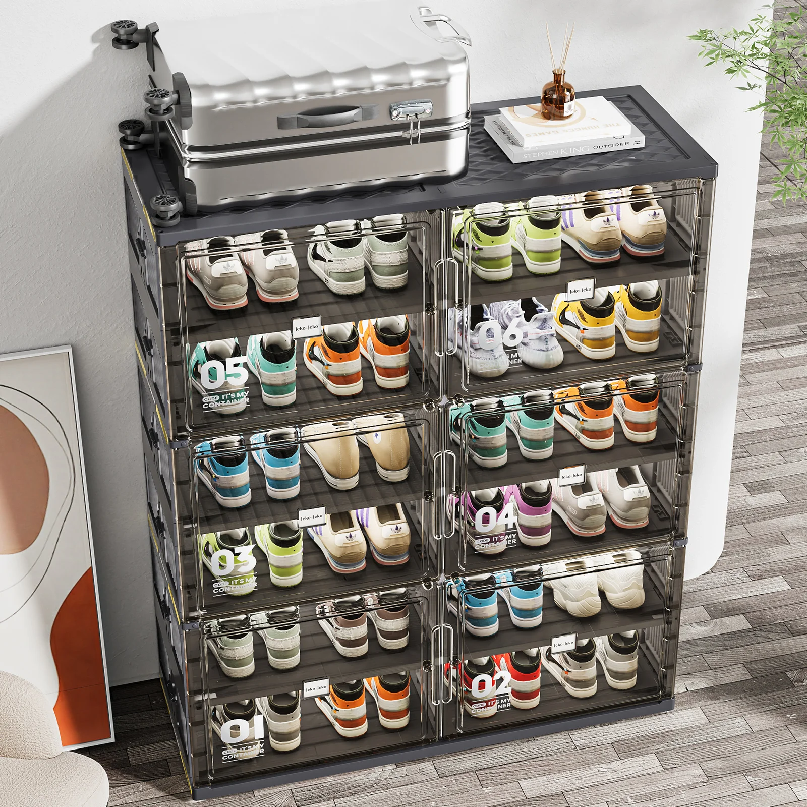 Jeko&Jeko 40 Pairs Size Black Color Big Capacity Durable Pp Material Foldable Shoe Showcase Shoe Organizer For Shoe Storage