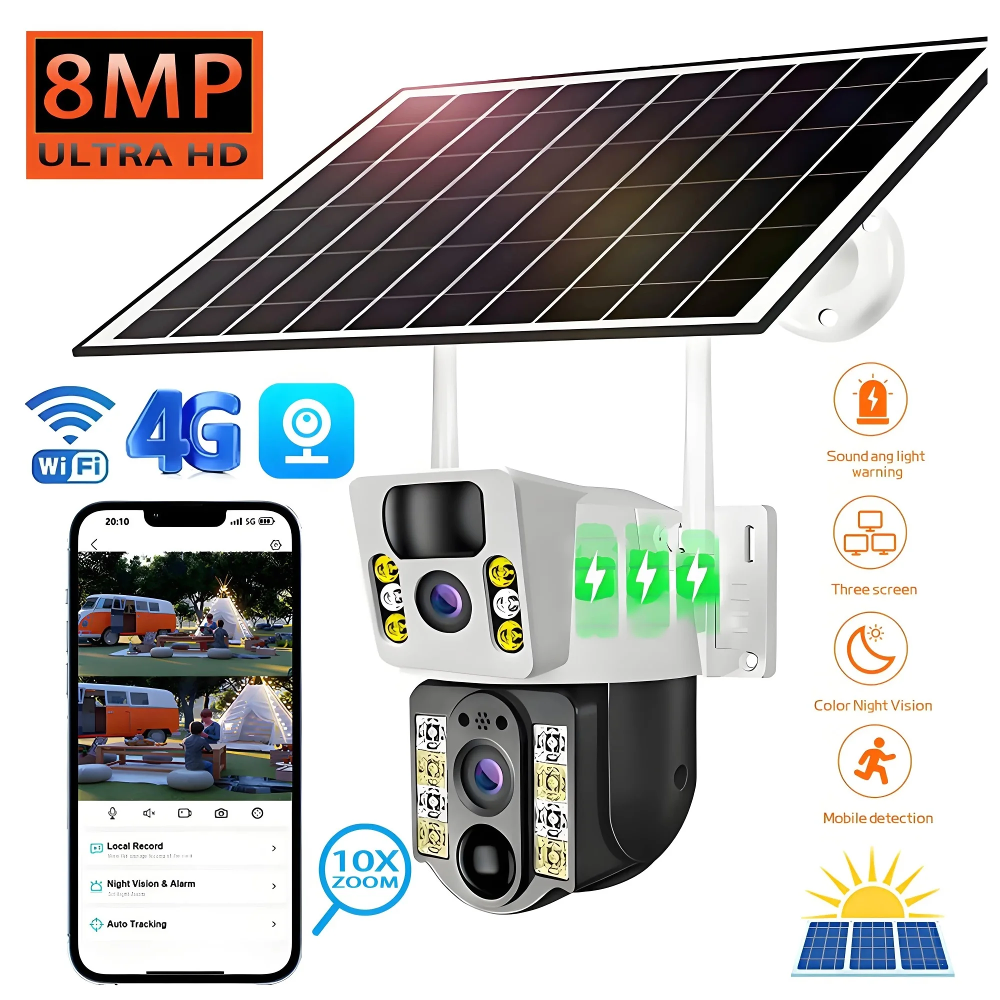 Senhuo 4K 8MP wireless outdoor Wifi solar camera 4G Sim card monitoring dual screen waterproof panel IP video CCTV