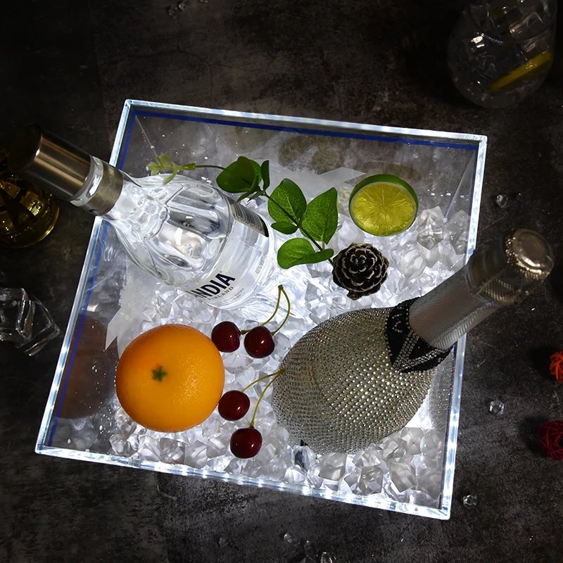 Promotional square shape logo color customized clear rechargeable 10L beer vodka LED  ice bucket Bar Wine Bottle cooler