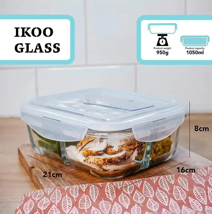 IKOO top seller glass food box with cutlery set glass bento lunch box