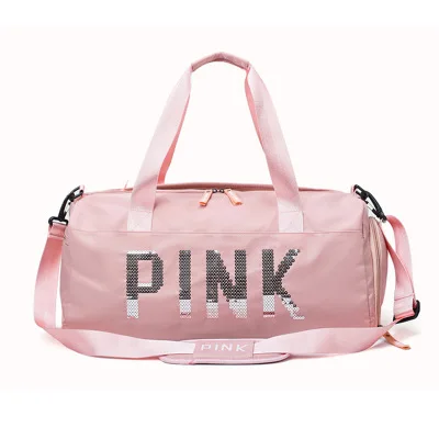Customized Glitter Shiny Logo Large Capacity Pink Duffle Bags Women Waterproof Sports Travel Duffel Bags With Shoe Compartment