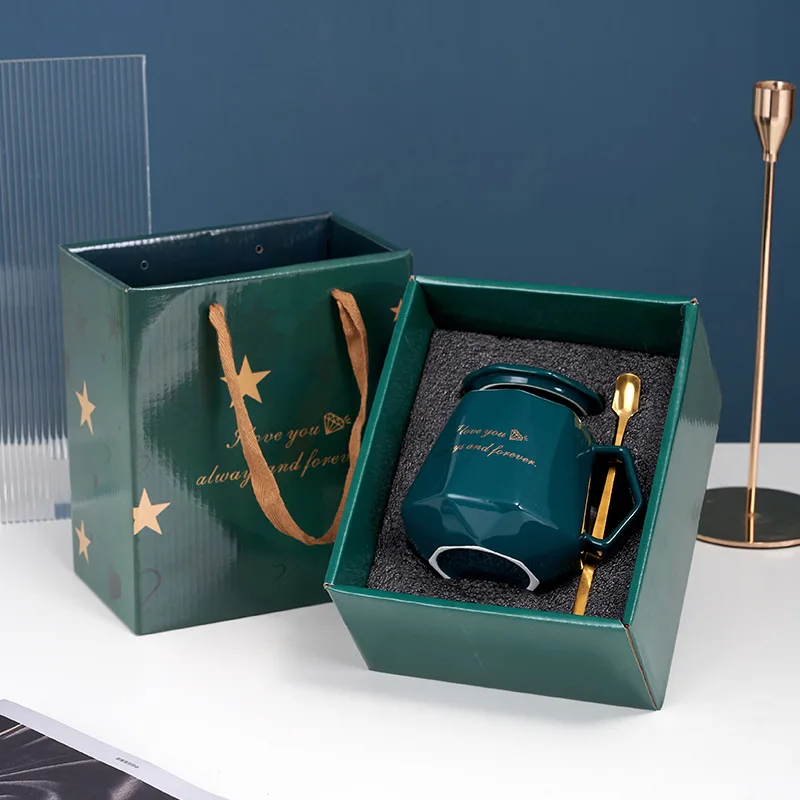 Hot Selling Spot Simple Diamond English Mug Coffee Cup With Cover Spoon Hand Gift Ceramic Cup Gift Box Customizable Logo
