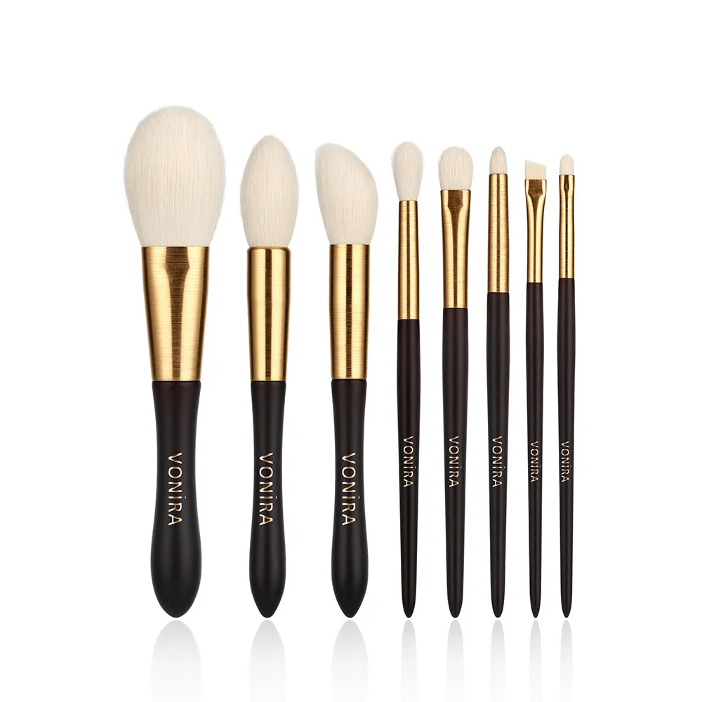 Vonira OEM Professional 8 Pieces Golden Natural Animal Goat Hair Makeup Brush Set Free Sample Customised Cosmetic Brushes Making
