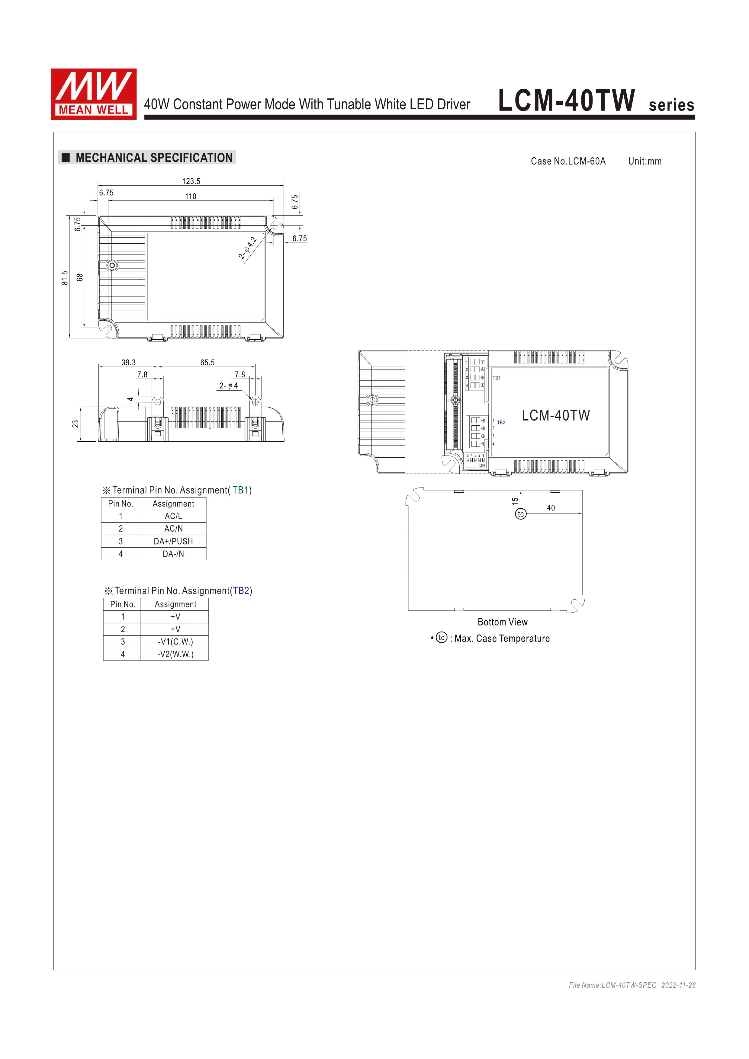 Meanwell dali driver 40W DALI-2 Tunable White DT8 Constant Power Mode With Tunable White LED Driver LCM-40TW series Mean well