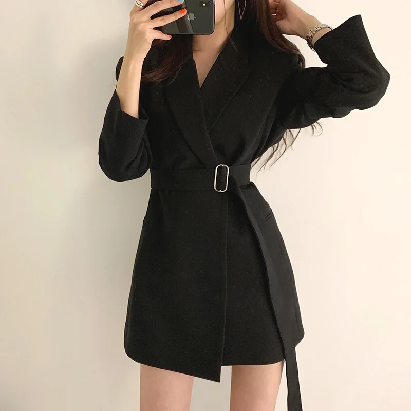Women Autumn Elegant Lapel Waist Tight Blazer Slimming Solid Color Suit Coat Female Long Sleeve Belt Jacket