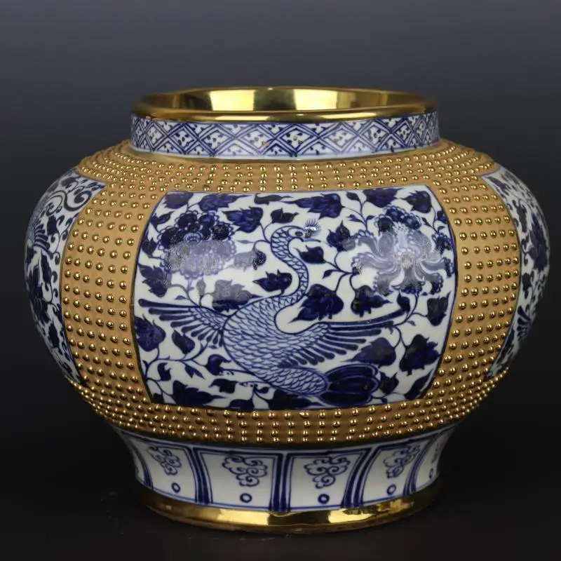 Antique Ming Dynasty Relief Blue and White Phoenix Pattern with Gold Painted Vase Ceramic collection handicraft vase jar