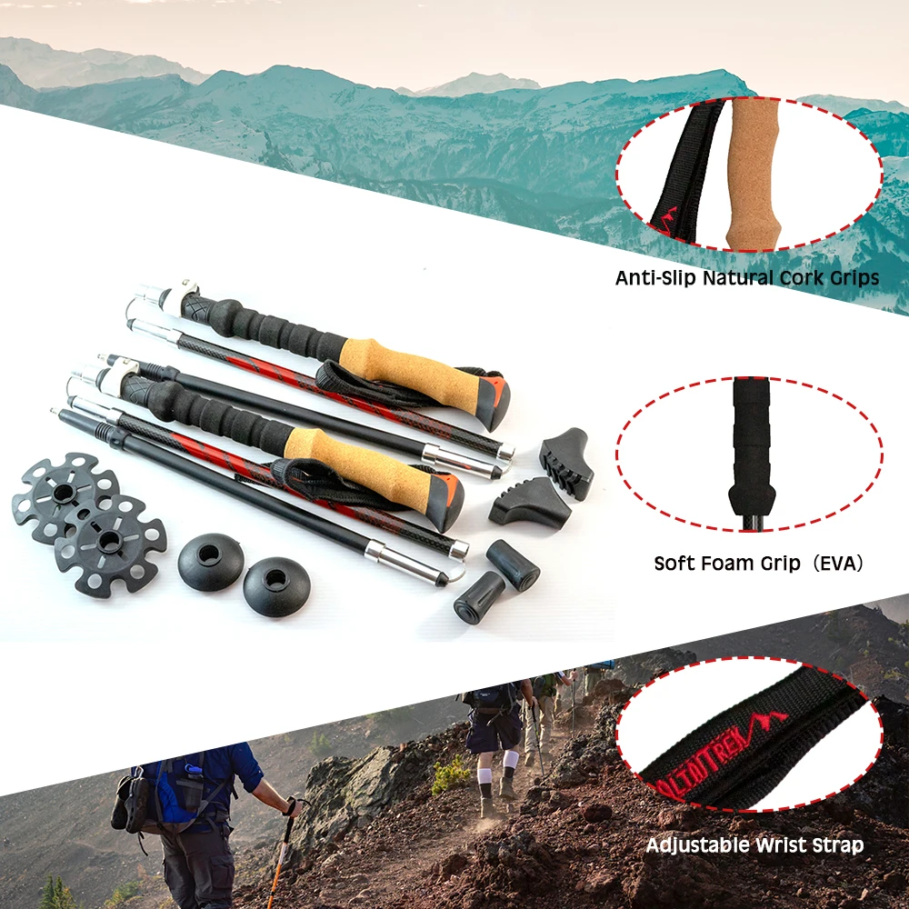 Foldable 3K Carbon Fiber Folding Trekking Poles Collapsible Hiking Poles Stick with Stable Twist Lock