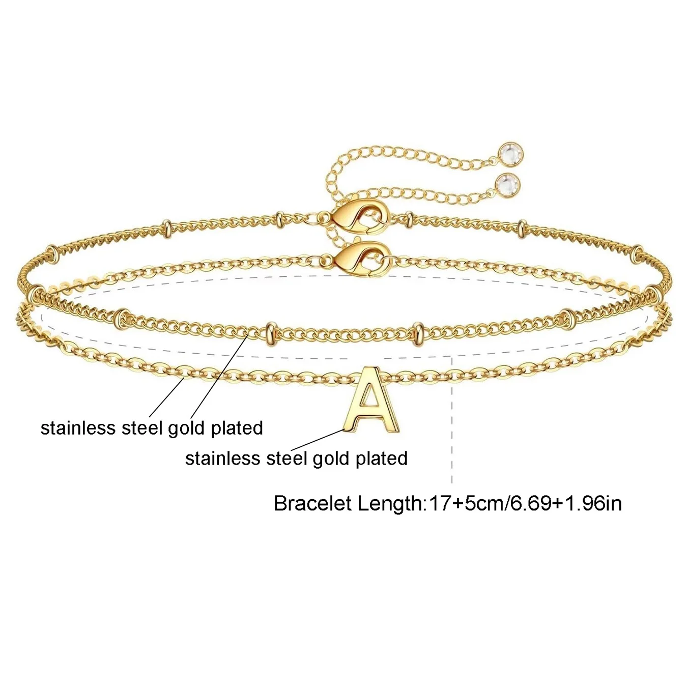 2pcs/Set Multi-layer Stainless Steel A-Z Initial 26 Letters Beads Chain Link Bracelet Adjustable