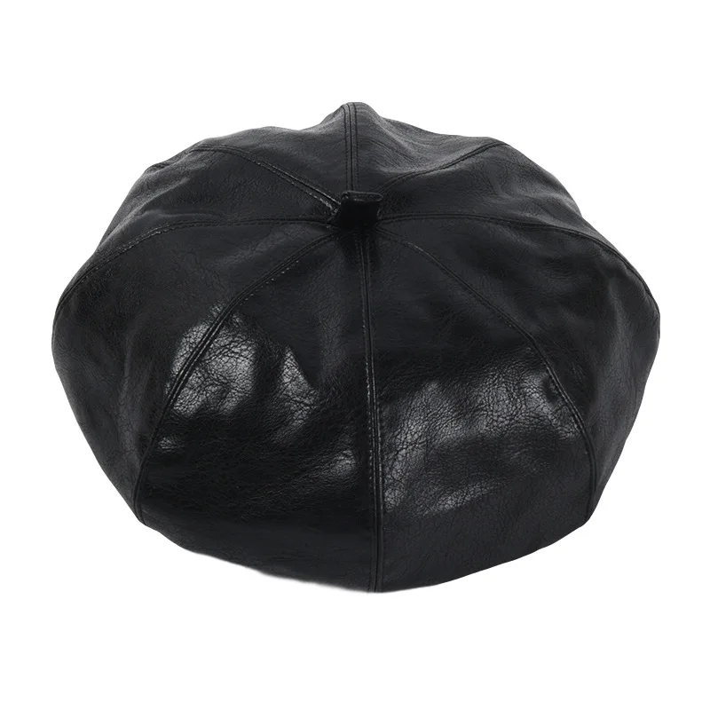 Simple PU Leather Beret Ladies Solid Color Adjustable Painter Hat Autumn Outdoor Travel Cap Male British Style Hats
