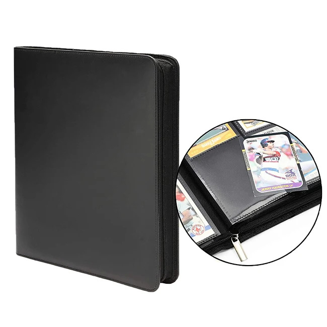 9 Pockets Trading Cards Album Folder Black Leather 360 Side Loading Pockets Card Binder with Zipper
