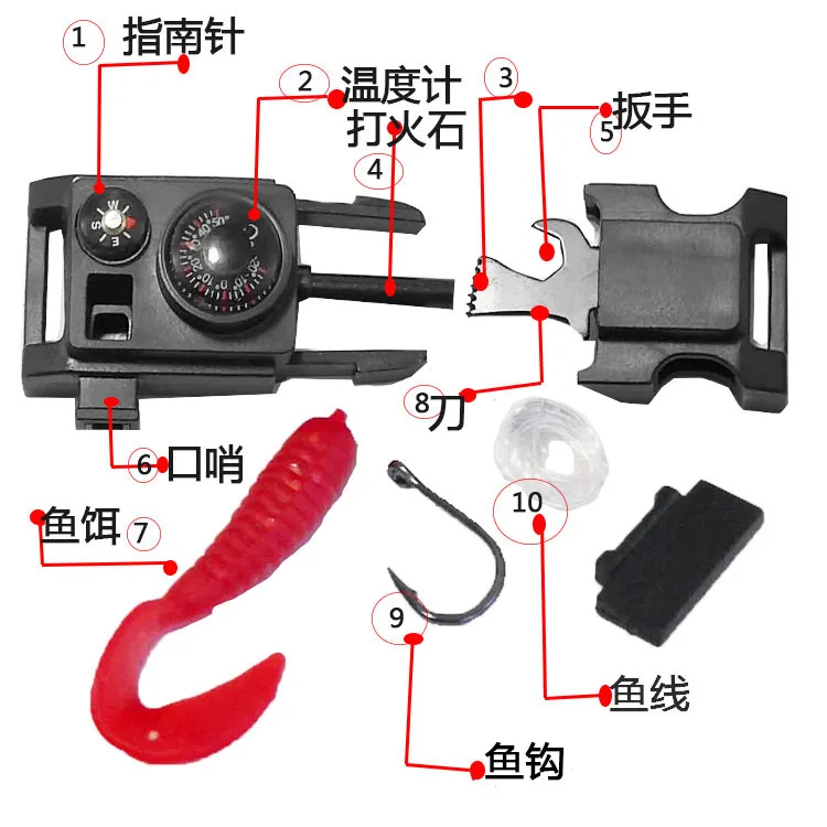 New design Outdoor Survival Multi-function with Compass fish hook bait and thermometer Survival Paracord Bracelet for fishing