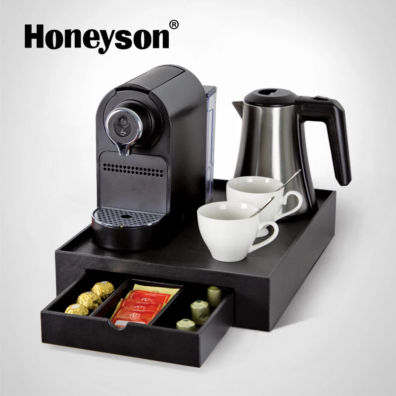 Lodge Use Auto 110V Coffee Machines Automatic Capsule Coffee Maker and Electric Kettle Tray Set for hotel guest rooms