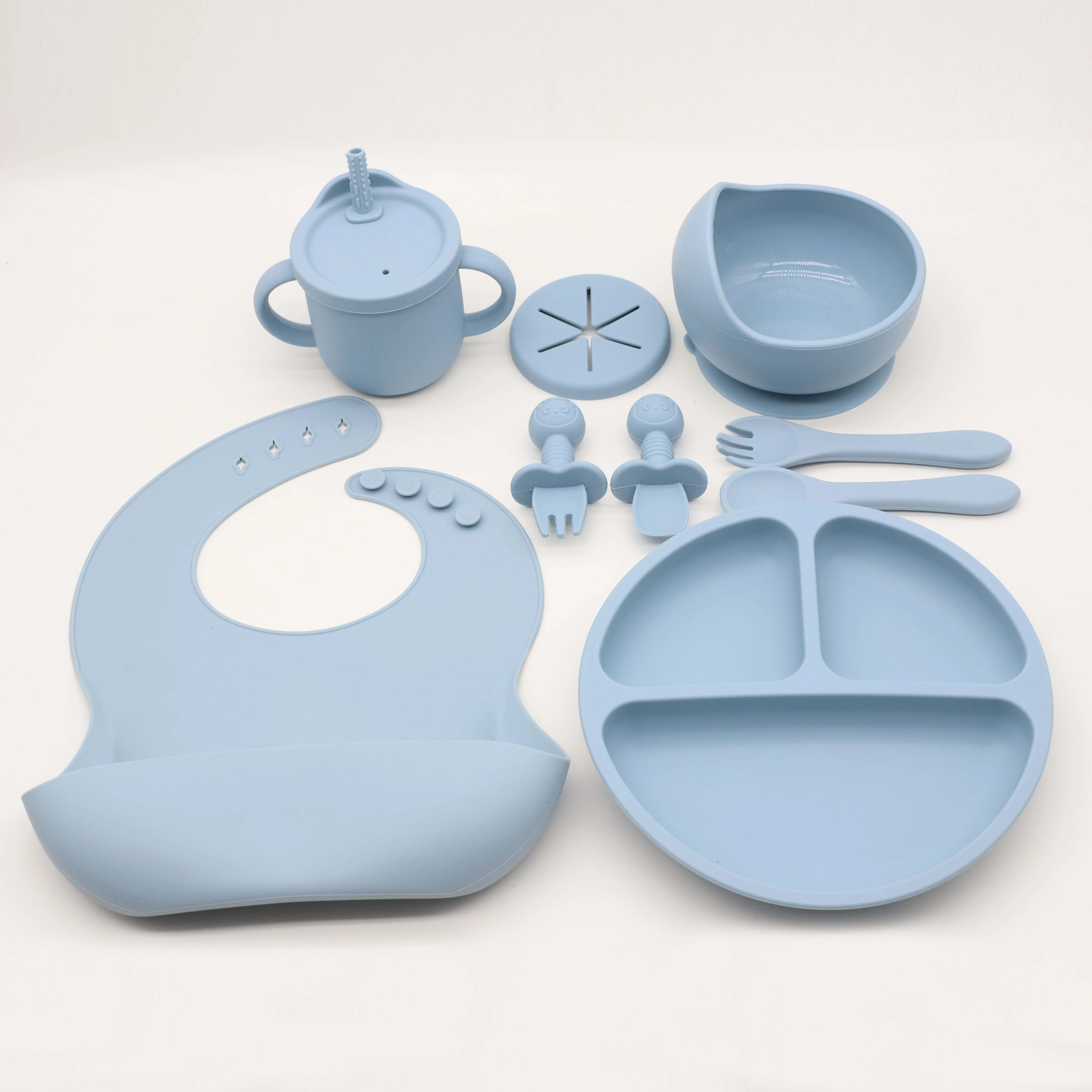 BPA Free Custom Logo Cheap 9PCS Kids Silicone bib Baby Plates Bowl 2-in-1 snack cup Gift Sets Silicone Baby Feeding Sets