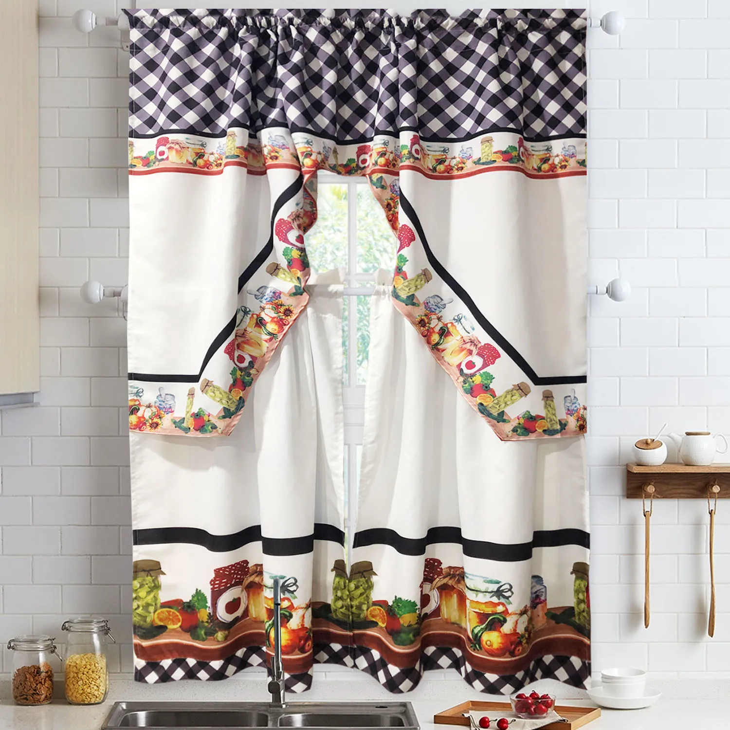 Custom Printed Kitchen Window Valances Tier Kitchen Curtain for Home Decoration 3 Pieces Set