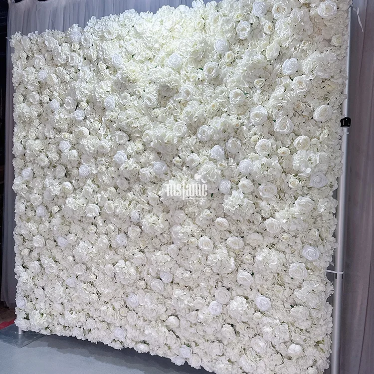 MSFAME Factory Roll Up Fabric 3D Artificial Wedding Flower Wall Panel White Backdrop Flowers Decoration For Walls Art