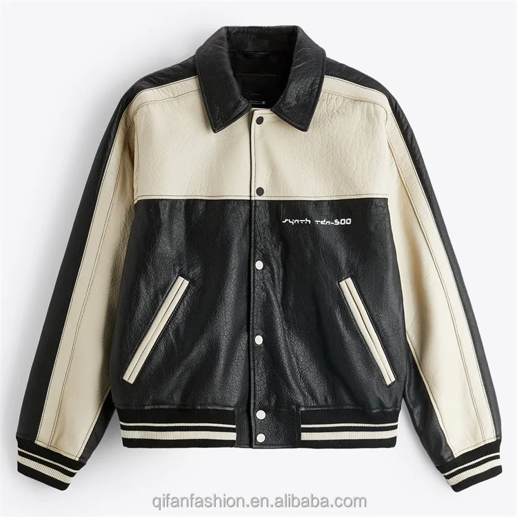 Custom embroidery black white contrast lapel collar color block leather jacket for men