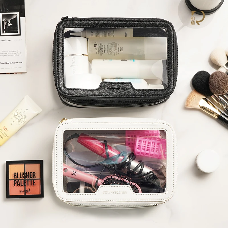 Rownyeon Clear Makeup Case Toiletry Bag Travel Makeup Train Case Portable Cosmetic Organizer Transparent Bag Black White Pink