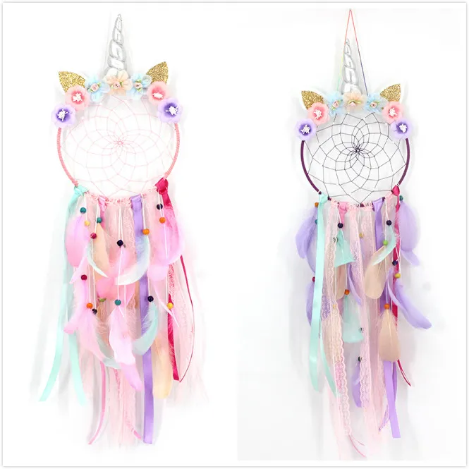Kids Rainbow Unicorn Profile Dream Catcher Kids Nursery Bedroom Wall Hanging Decoration Fluffy Tassels Unicorn Dream Catcher