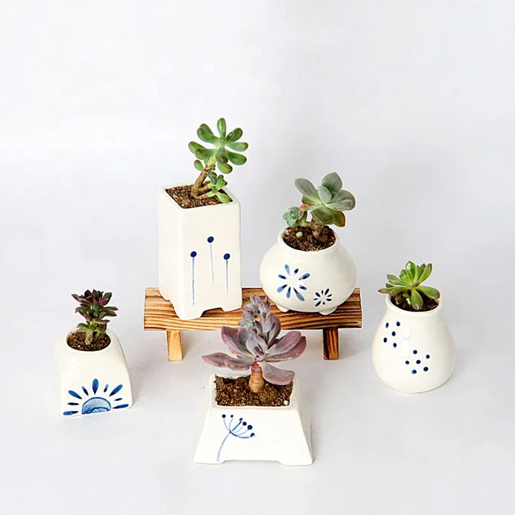 Hollow Bottle Mouth Chinese Blue White Porcelain Flowerpots Succulent Plant Pots