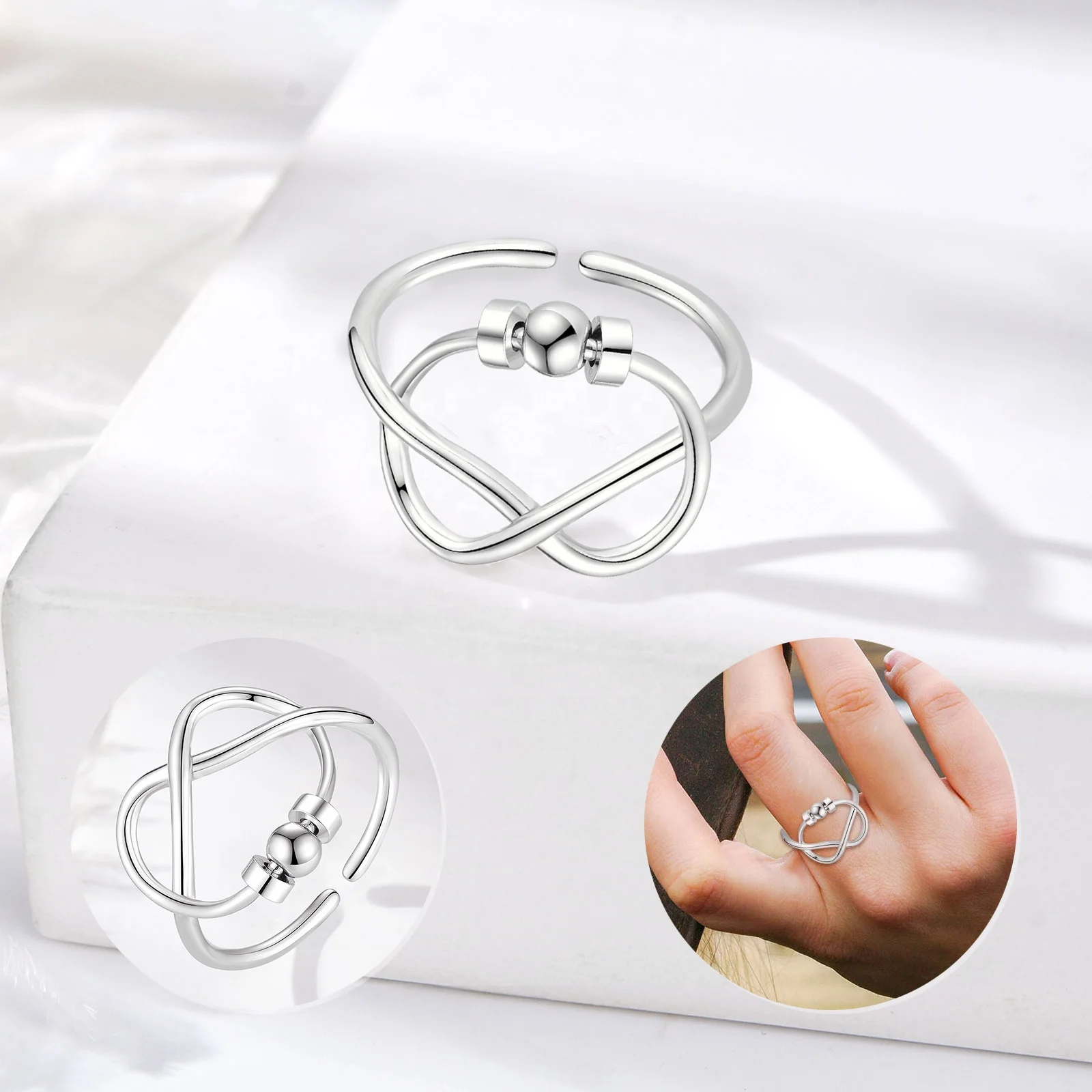 Fashion Jewelry Adjustable Size Rotatable Beaded Rings Relief Fidget Anti Anxiety Resizable Ring for Women