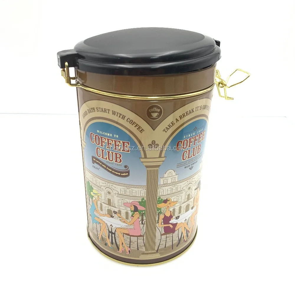 OEM Classic Coffee Tin Packaging Round Shape Tea Tin Box With Plastic Lid