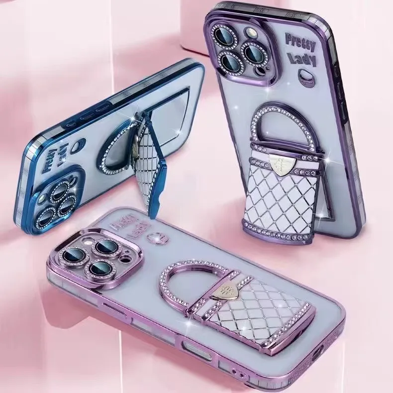 Newly Arrived Luxury Phone Case for iphones 16 15 pro max Glitter Case with Hidden Makeup Mirror Stand and Inlaid Rhinestones