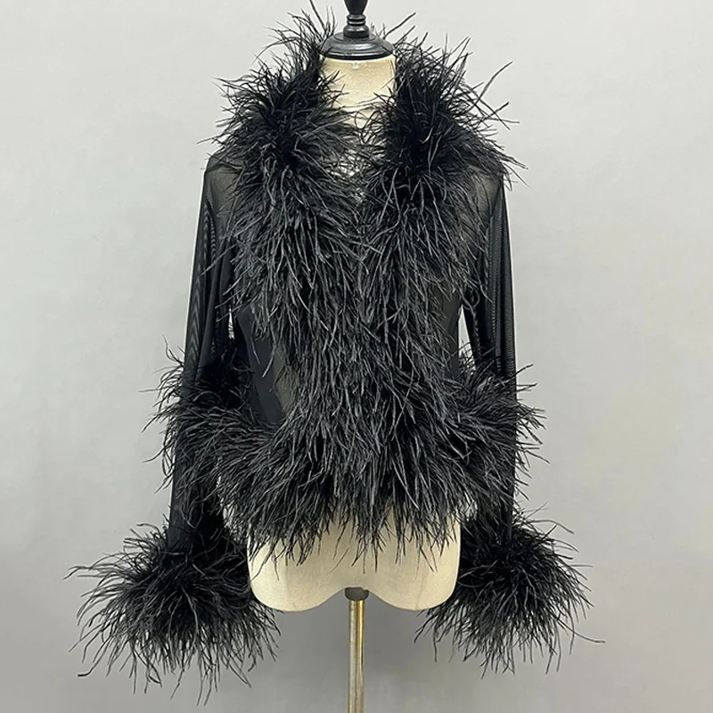 2024 New Sexy See Through Fluffy Ostrich Feather Fur Coat Summer Mesh Ostrich Feather Cardigan for Women