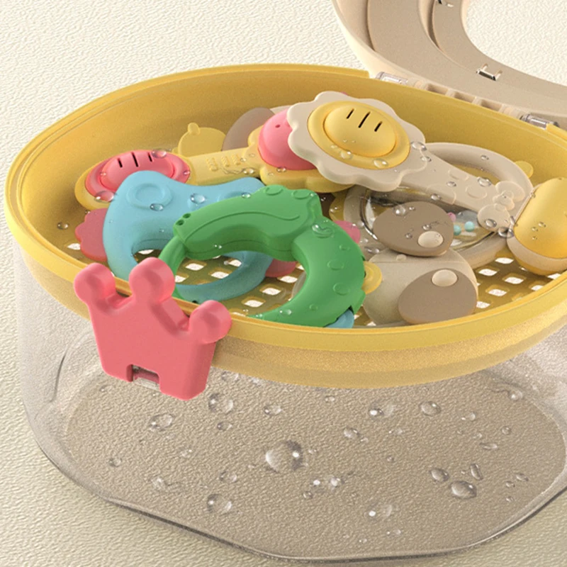 14 Pcs baby silicone rattles handbell teether toys set animal soft silicone teether rattle with drainage storage box for newborn