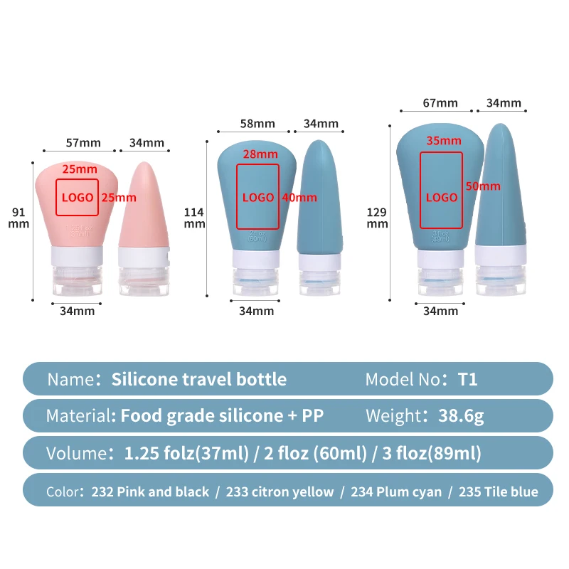 Hot Sale Portable Squeezable 37ml 60ml 89ml Set Toiletry Bottles Travel Kit Silicone Travel Bottles With Lid