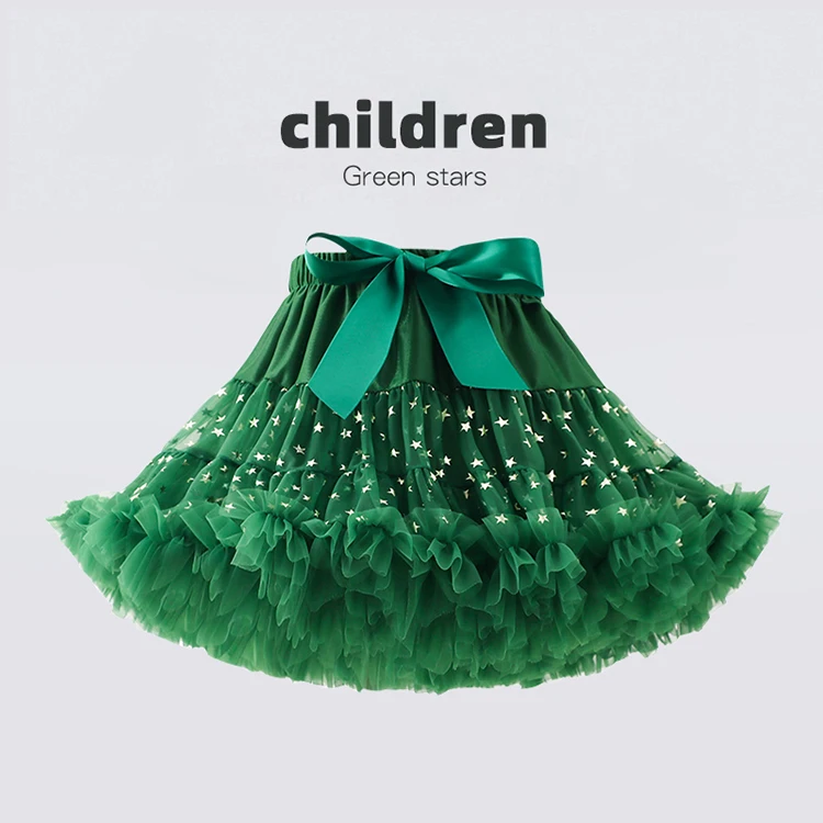 Toddler girls green star print skirts princess dance ballet tutu ball dress party holiday evening bow fluffy tulle ball skirt